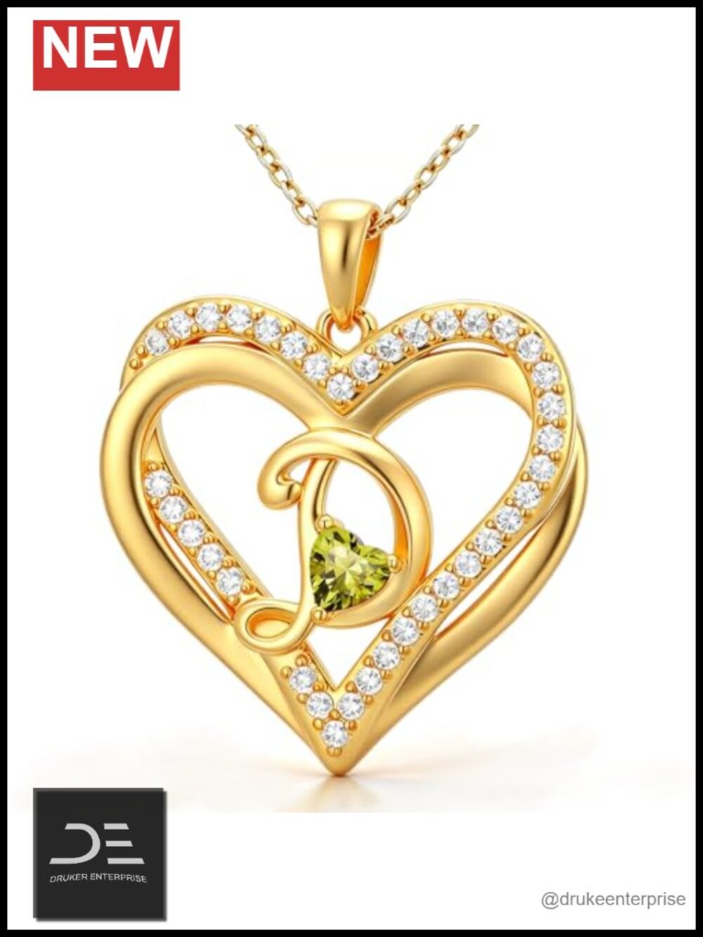 Gold Plated Heart Initial D Necklace Peridot August Birthstone Pendant